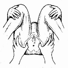 仰卧曲腿，孕妇双手抱膝，测量两坐骨结节间距离